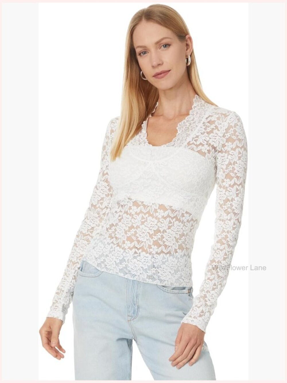 Lace V-Neck Long Sleeve Blouse - Stretchable - Hand Wash